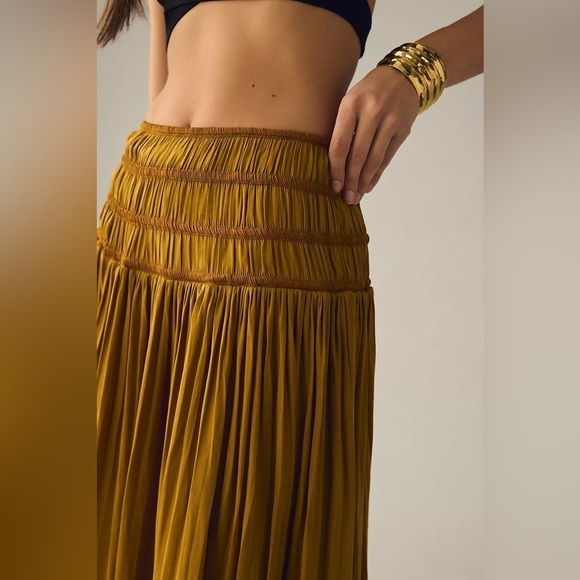 Anthropologie Tiered A-Line midi Skirt Large bronze gold New NWT pull on satin - Picture 4 of 12